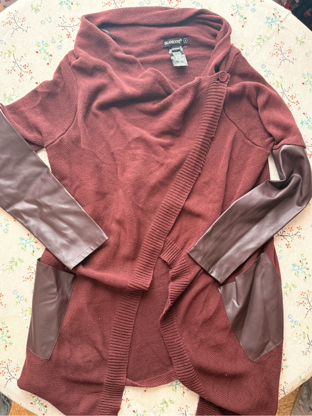 Blank NYC Rust Burgundy Knit Cardigan with Faux Leather Sleeves